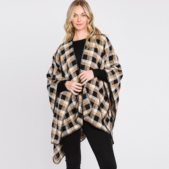 Plaid Check Patterned Ruana Poncho - Picture 1 of 2